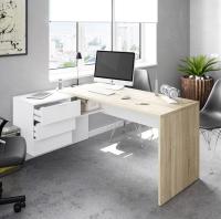 Meimon Mesa de despacho OFFICE reversible con buc integrado de 3 cajones y hueco, guías metálicas, tiradores de aluminio blancos, tacos ABS antirayas, en acabado Roble Canadian y Blanco Artik, 145x102x73 cm, capacidad máxima 25 kg - details 0