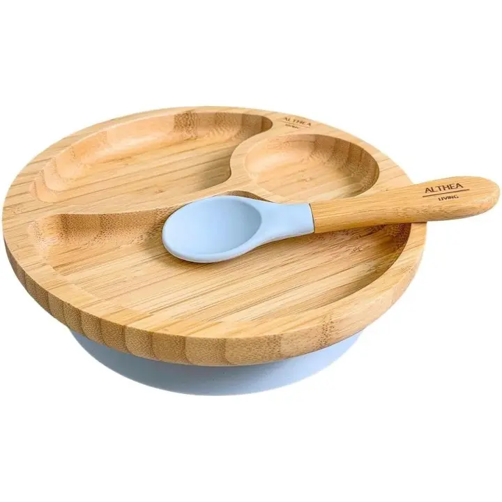 Juego de vajilla de bambú para bebé con ventosa, plato dividido y cuchara de silicona - Althea Living - 1