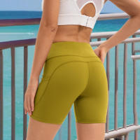 Shorts Deportivos De Cintura Alta Para Mujer Fitness Running Elasticidad Transpirable Con 2 Bolsillos Lados Yogur - details 3
