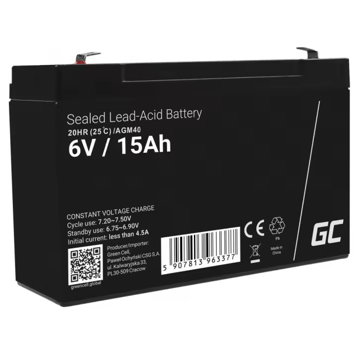 Green Cell Recambio de Batería Gel AGM 6V 15Ah - Batería Sellada de Plomo ácido Sin Mantenimiento - 1