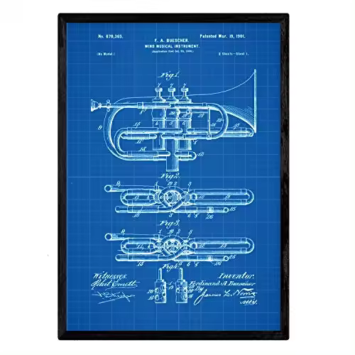Nacnic Poster Con Patente De Trompeta. Lámina Con Diseño De Patente Antigua En Y Con Fondo Azul - 1