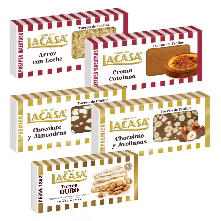 Turrones Lacasa: 5 tabletas de Turron variadas: Duro, Chocolate y almendras, Arroz con leche, Crema catalana y Chocolate y avellanas - 1