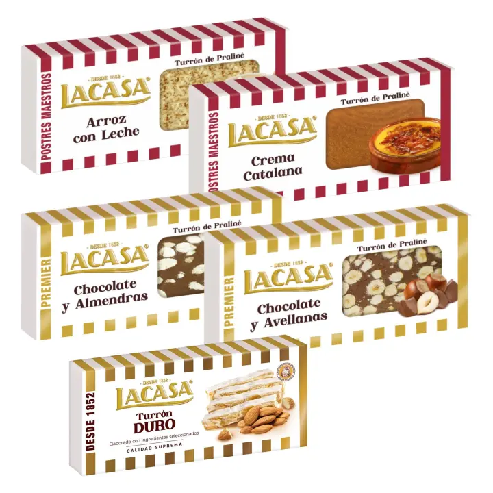 Turrones Lacasa: 5 tabletas de Turron variadas: Duro, Chocolate y almendras, Arroz con leche, Crema catalana y Chocolate y avellanas - 1