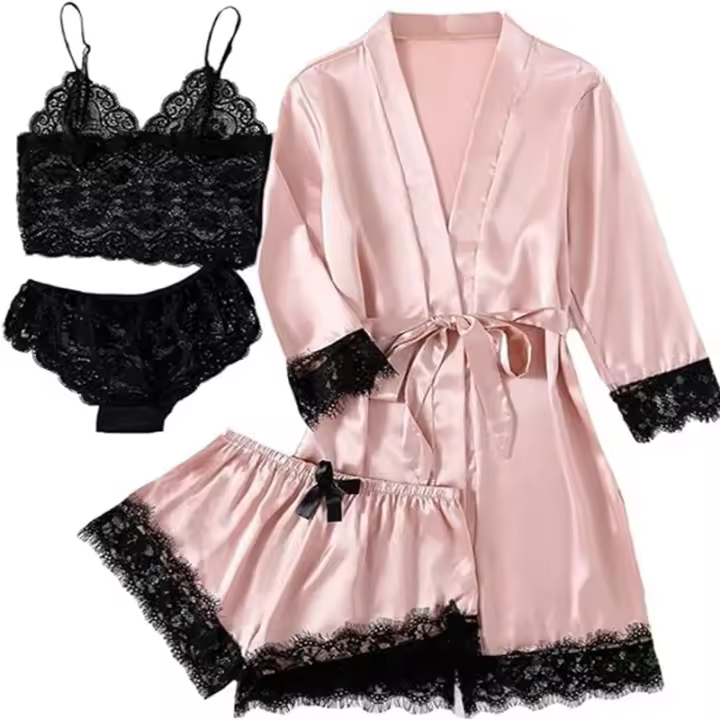  Conjunto De Pijama De Satén Para Mujer 4pcs Con Encaje Floral Camiseta Lencería De Dormir Y Bolero Pantalones Cortos Loungewear Rosa - 1