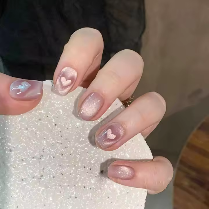 Uñas Postizas Francesas Cortas Cuadradas 24 Piezas Con Amor +1 Pegamento +1 Lija Material De Resina Estilo Gato Simple - 1