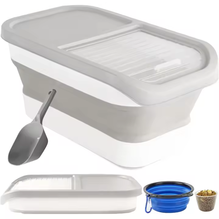 Contenedor de comida plegable para perros y gatos, con tapa hermética, recipiente para comida para mascotas con tazón plegable y cuchara medidora (blanco) - 1