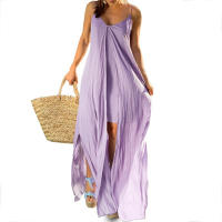 Vestido Largo Maxi Bohemio De Verano Para Mujer Sin Mangas Con Vuelos Y Bolsillos Estilo Casual Con Frontera Y Halter - details 3