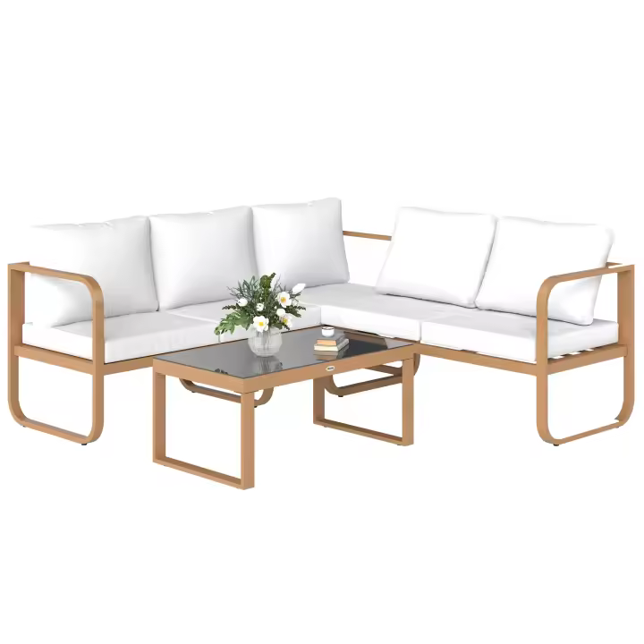 Outsunny Conjunto de Jardín Exterior de 3 Piezas Muebles Jardín Exterior con Sofá de 3 Plazas con Asiento Ajustable Sofá de 2 Plazas y Mesa de Centro de Vidrio con Cojines Crema - 1