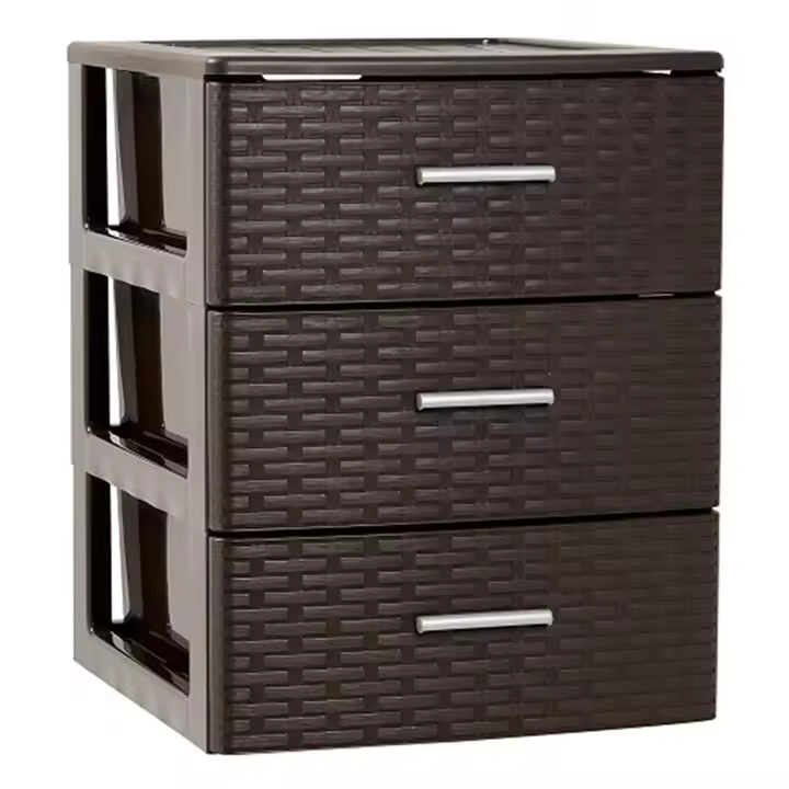 Tradineur - Cajonera de ordenación con 3 cajones 46,5 x 39,5 x 36,5 cm de plástico efecto mimbre.Torre de almacenaje multiusos - Marrón wengue - 1