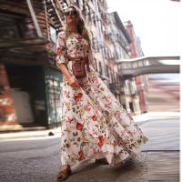 Vestido Elegante De Maxi Estampado Floral Para Mujer A-Línea Cintura Alta Manga Corta Estilo Bohemio Vestido Largo - details 2