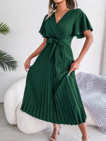 Vestido Maxi Elegante De Cintura Alta Con Volantes Y Mangas De Mariposa Para Mujer Vestido De Fiesta Casual De Polyester - details 14