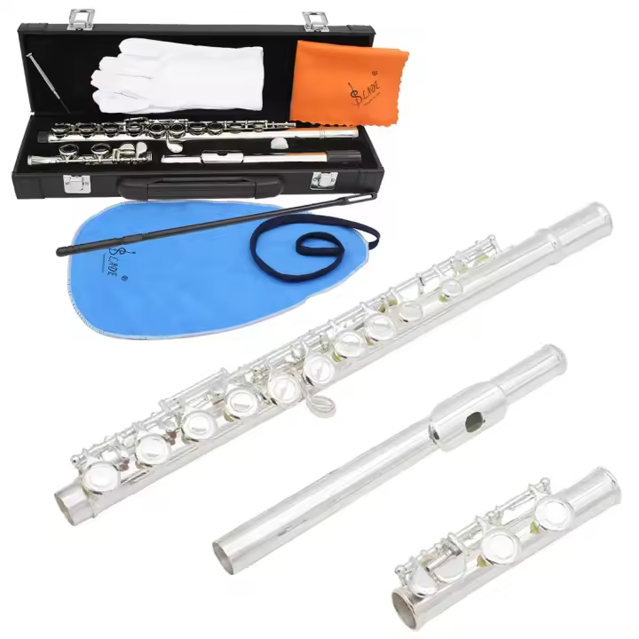 FLUTE SLADE De Plata Con 16 Agujeros Clave Cerrada Echa El E Teclado Para Principiantes Con Kit De Limpieza Estuche Guantes Y Varillas De Ajuste - 1