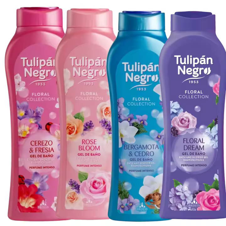 Pack 4 geles de baño tulipán negro 650 ml aromas irresistibles: cereza y fresia, flor de rosa, bergamota y cedro, y sueño floral. hidratación, suavidad y fragancias únicas para tu cuidado diario con aroma floral aromas increíbles para el baño - 1