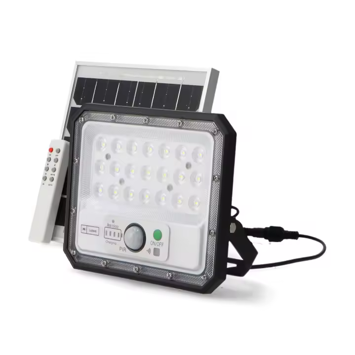 LEDME  Foco Proyector Led Solar Aras 50W 6000K, sin cables placa fotovoltaica con mando a distancia, detector crepuscular de luz y movimiento opcional on/off, resistente, duradera, lampara sin cable, bombilla sin cable con placa solar , luz solar exterior - 1