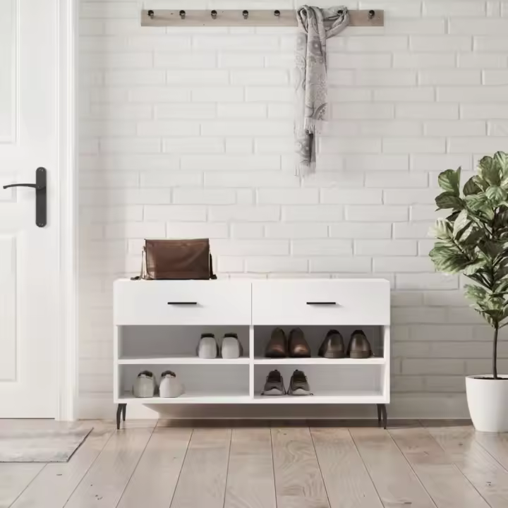 vidaXL Banco zapatero madera de ingeniería blanco brillo 102x35x55 cm - 1