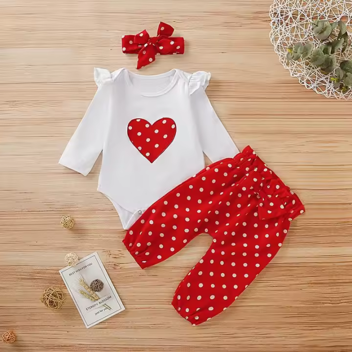 Conjunto De Ropa Para Bebe Niña Nueva Nasida 3PCS Camiseta De Manga Larga Corazón + Pantalón + Diadema Moda Para Bebés De 0 to 18 Més - 1