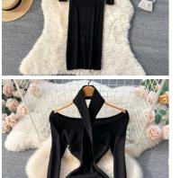 Vestido Largo Elegante De Otoño Invierno Para Mujer Con Cuello Haltera Y Cintura Ajustada Vestido Bodycon Coreano Para Oficina Vestidos De Suéter - details 3