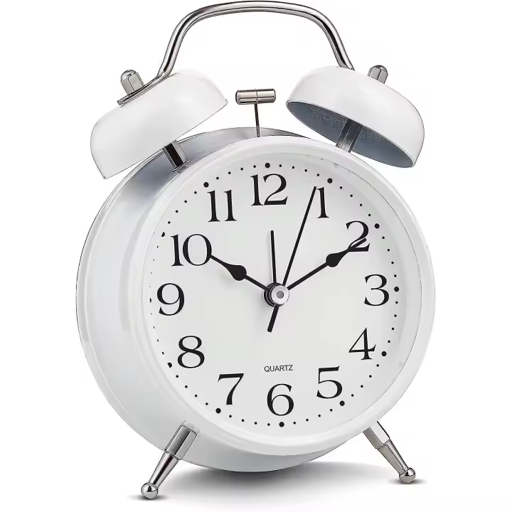 Reloj de Alarma analógico extra Fuerte Doble Campanas retro Blanco Silencioso no-TicTac Cuarto Bathería operado con Luz de Fondo, Mesa de noche decorative escretorio Vintage - 1