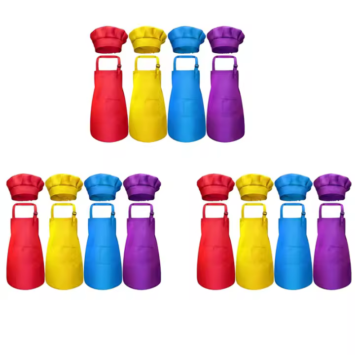Juego de delantal y gorro de cocinero para niños, 24 piezas, ajustable, con delantal de cocina con 2 bolsillos - 1
