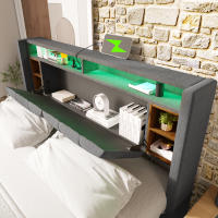 Cama tapizada Cabecero de Cama Doble with Almacén Marco de Cama with USB de carga e iluminación LED Somier de lámparas de Madera, 140*200CM Gris (sin colchón) - details 0