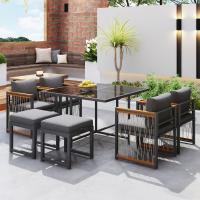 Juego de Mesa y sillas de exterior de 7 piezas, para 6 personas, Mesa de Cristal Templado, tablero de Madera de Acacia con reposabrazos, ideal para ir en el patio o El Jardín - details 6