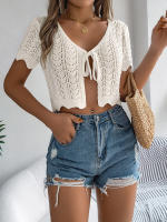 Cardigan De Punto Para Mujer Verano Otoño Ligero De Visón Manga Corta Cuello Redondo Estilo Casual Color Sólido Con Agujeros - details 21