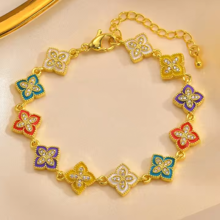Pulsera De Cuatro Hojas De Colorete Para Mujer Con Flor De Zirconia Material Cobre Elegante Regalo De Suerte Para Amigas Y Hermanas - 1