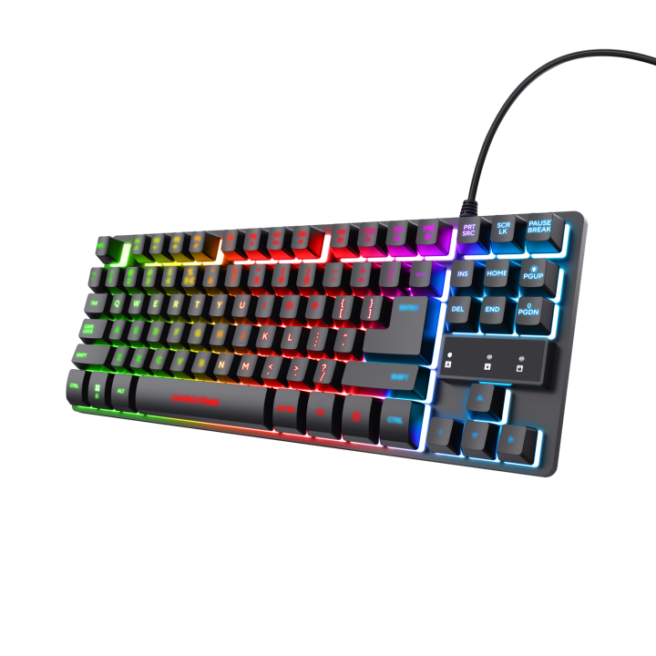 Teclado gaming Trust GXT 833 Thado TKL, compacto con iluminación LED multicolor, diseño Tenkeyless para mayor espacio, función anti-ghosting, 12 teclas multimedia, resistente, cable de 1,8 m, compatible con PC y consolas