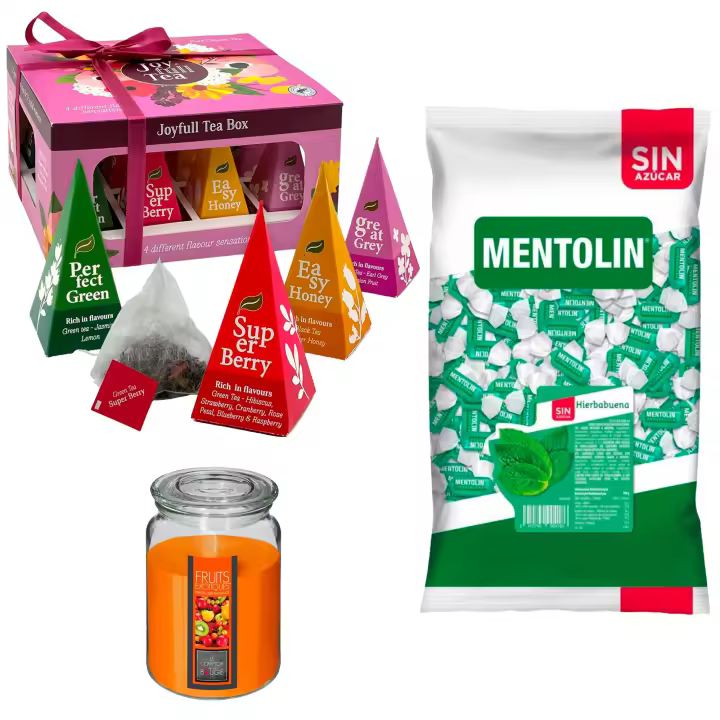 Lote respira: MENTOLIN HIERBABUENA S/A BOLSA 1KG + Vela Perfumada de Frutas Exóticas 510g  + WELL HOME - Caja de Té Joyfull con variedad de sabores - 1