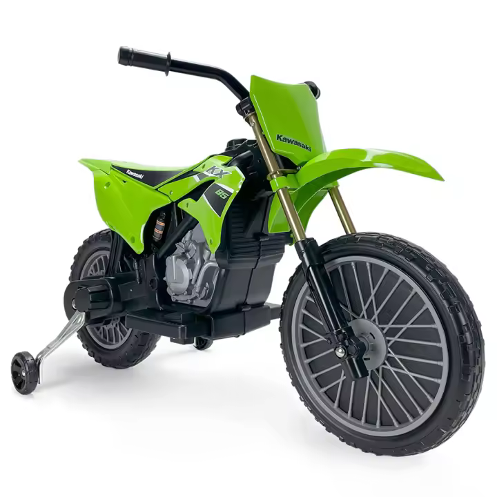 INJUSA - Moto Eléctrica Infantil Kawasaki KX85 a Batería de 6V y 12V para Niños de 3 a 6 Años | Pedal Acelerador | Freno Eléctrico | Ruedas de Plástico 13 Pulgadas | Ruedas Estabilizadoras | Velocidad Máx. 5 km/h | Licencia Oficial Kawasaki | Color Verde - 1