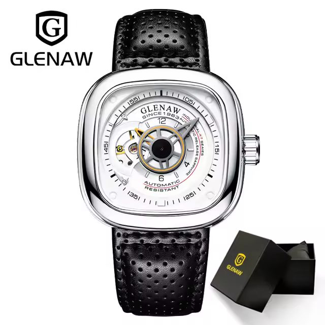 Reloj De Pulsera Para Hombre GLENAW Lujo Diseño De Esqueleto Resistente Al Agua Con Correa De Cuero Acero Inoxidable Movimiento Automático Reloj Hombre - 1
