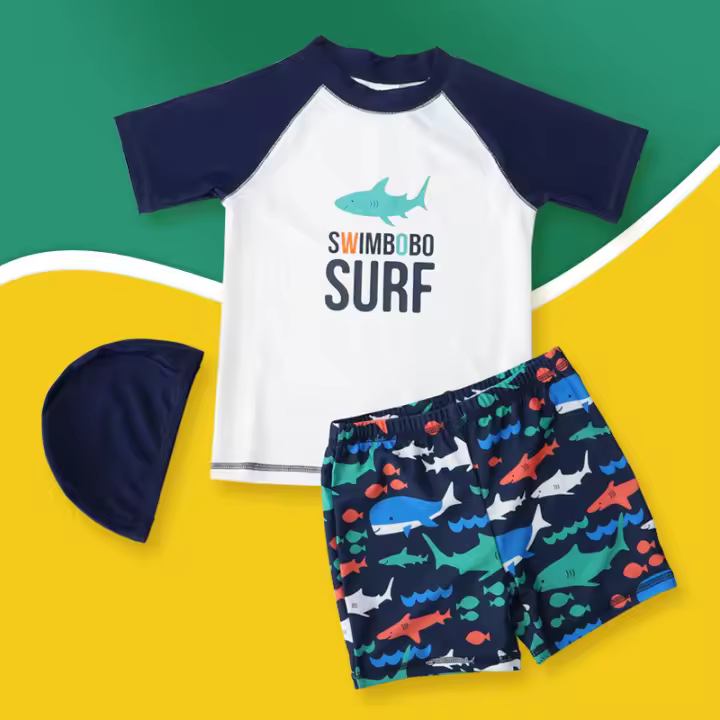 MOV Traje de baño para niños, traje de baño para niñas de talla mediana y grande, traje de baño de aguas termales, traje de baño de dibujos animados para bebés de manga corta con tiburón - 1