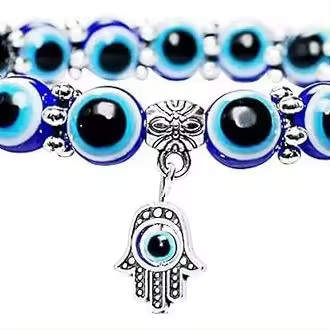 Pulsera elástica con cuentas azules y dijes de la mano de Fátima, pulsera turca de la suerte con ojo malvado para protección y bendición - 1