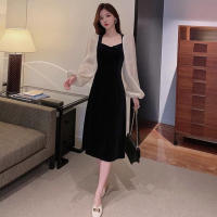 Vestido Elegante De Mujer Verano 2025 Chiffón Manga Aplanada Vintage Negro Veludo Cuello V A-Line Midi Moda Coreana - details 2