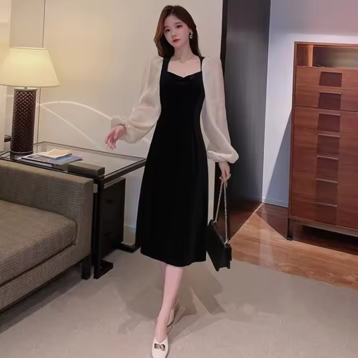 Vestido Elegante De Mujer Verano 2025 Chiffón Manga Aplanada Vintage Negro Veludo Cuello V A-Line Midi Moda Coreana - 1