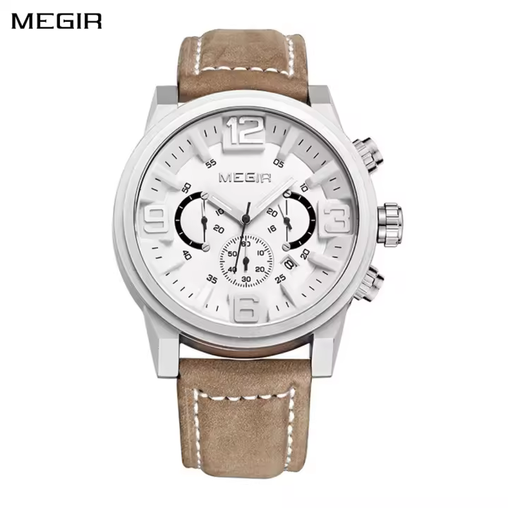 Reloj De Pulsera Deportivo De Lujo Para Hombre MEGIR Con Dial De 48mm Cuarzo Resistente Al Agua De Leather Calendario Cronógrafo Moda Y Casual - 1