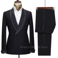 Traje Nueva 2024 Para Hombre Negro De Satén Con Papel Tuxedo 2 Piezas Doble Breasted Traje De Boda Común Para Fiesta Traje De Costumbre Para Novio Male Wear - details 1