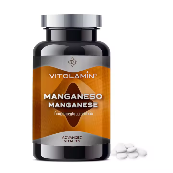 VitOlAmin MANGANESO 365 Comprimidos Vegetarianos  El Manganeso refuerza los tejidos conjuntivos y confiere fortaleza a los huesos, además contribuye al crecimiento del "colesterol bueno" (HDL). 100% Natural, sin gluten, sin lactosa, No-GMO - 1