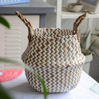 Bolsa De Almacenamiento Bohemia De Paja Con Estampado Rayado Y Florales Hecha a Mano Plegable Para Ropa Jardín Maceta - details 12