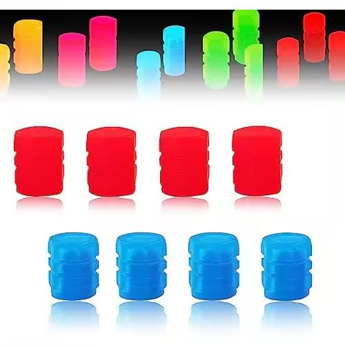2024 nuevas tapas de válvulas, tapas de válvulas que brillan en la oscuridad, tapas de válvulas que brillan en la oscuridad, universales, se adaptan a cualquier automóvil (azul+rojo) - 1