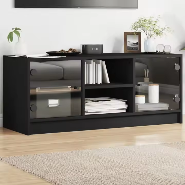 vidaXL Mueble de TV con puertas de vidrio negro 102x37x42 cm - 1