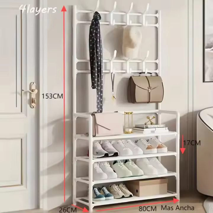 Estantería Multifuncional de Acero al Carbono con Ganchos, Tamaño 80x26x153 cm, Estantería de Zapatos y Organizador para Entrada, Baño, Dormitorio y Oficina - 1