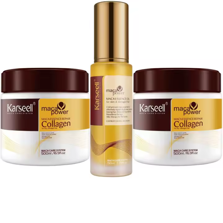KARSEELL - Pack de 3 Unidades - 2 Mascarillas Capilares de Colágeno 500ml. + 1 Sérum de Aceite de Argán 50 ml. Pelo Seco y Dañado Reparación Capilar Colágeno Activo Esencia de Maca Antifrizz Apto para Todo Tipo de Cabello - 1
