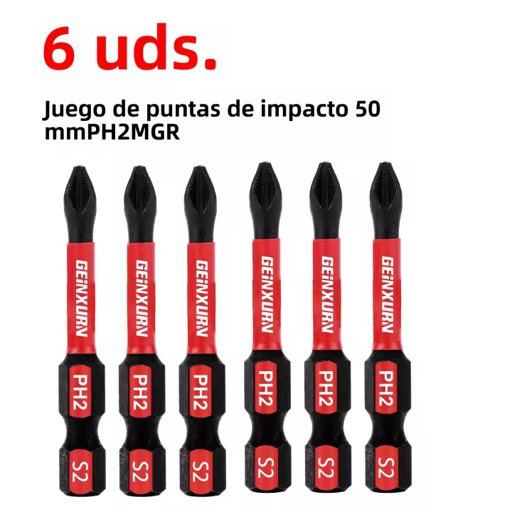 Geinxurn Set De Bits De Destornillador Magnético #2 Phillips 2 En Hexagonal Anti-Derrapante Impacto Duro PH2 Pozidriv Sin Mango - 1