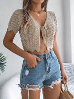 Cardigan De Punto Para Mujer Verano Otoño Ligero De Visón Manga Corta Cuello Redondo Estilo Casual Color Sólido Con Agujeros - details 17