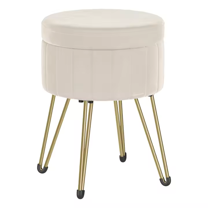 SONGMICS Puff Almacenaje, Baul Almacenaje, Banco Almacenaje Redondo, Taburete de Tocador de Terciopelo, 39 x 44,4 cm, 4 Patas de Metal, Asiento Acolchado, Negro Tinta/Gris Paloma/ Rosa Jalea/Blanco Crema - 1