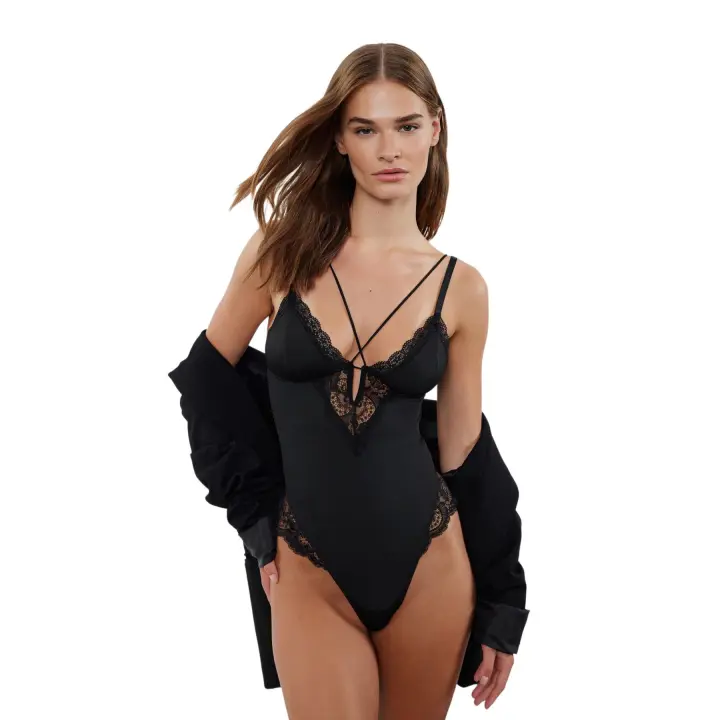 Trendyol Black Micro Lace Piping Detailed Rope Strap Knitted Bodysuit Thmaw25Bd00004 - 1