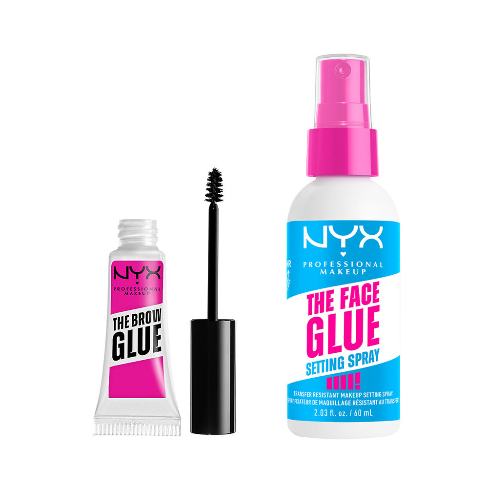 NYX Professional Makeup | Rutina Face Glue Setting Spray Fijador Resistente de Larga Duración, 60ml +  Gel de cejas The Brow Glue tono transparent