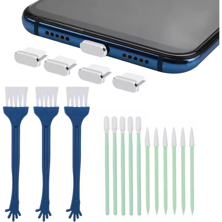 Juego de limpieza para teléfono móvil, 17 piezas, cepillos de limpieza para puerto USB-C, tapón antipolvo de metal, cepillo de limpieza para altavoz de teléfono móvil (plateado) - 1
