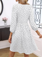 Vestido Midi De Manga 3/4 En Polka Dot Para Mujer Estilo Casual De Otoño Con Cuello En V Y Falda A-line Ajustada Y Floja Para Fiestas - details 4